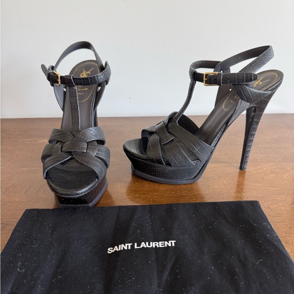 Saint Laurent YSL Black/Gray Tribute Platform T-Strap Stiletto Heels; Sz 38 - Picture 1 of 8